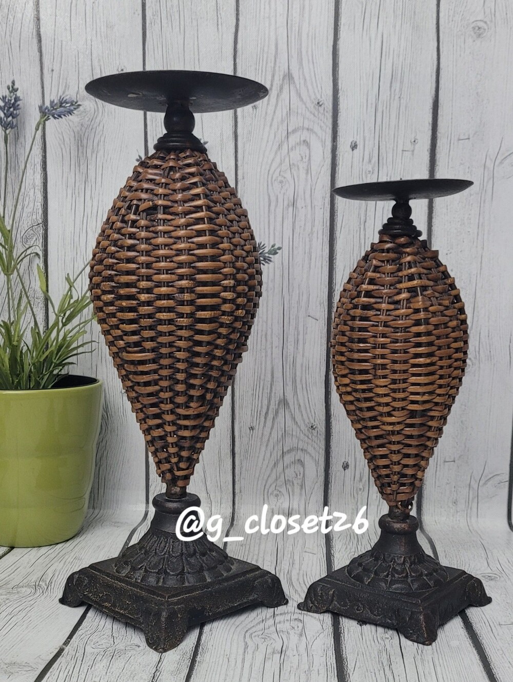 Pair of Rustic Woven Rattan Candle Pillar Holders -